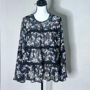 Ro +De black floral chiffon lace peasant blouse